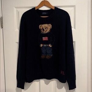 Polo Ralph Lauren Polo Bear USA Flag Knit Sweater Mens Large Navy Vintage 2000s